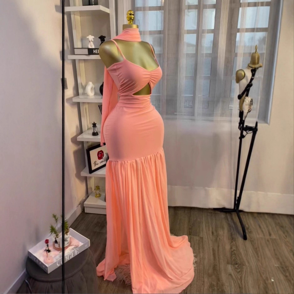 Style Strapless Spliced Sleeveless Dress with Scarf, Elegant Fitted Long Dress - Image 2