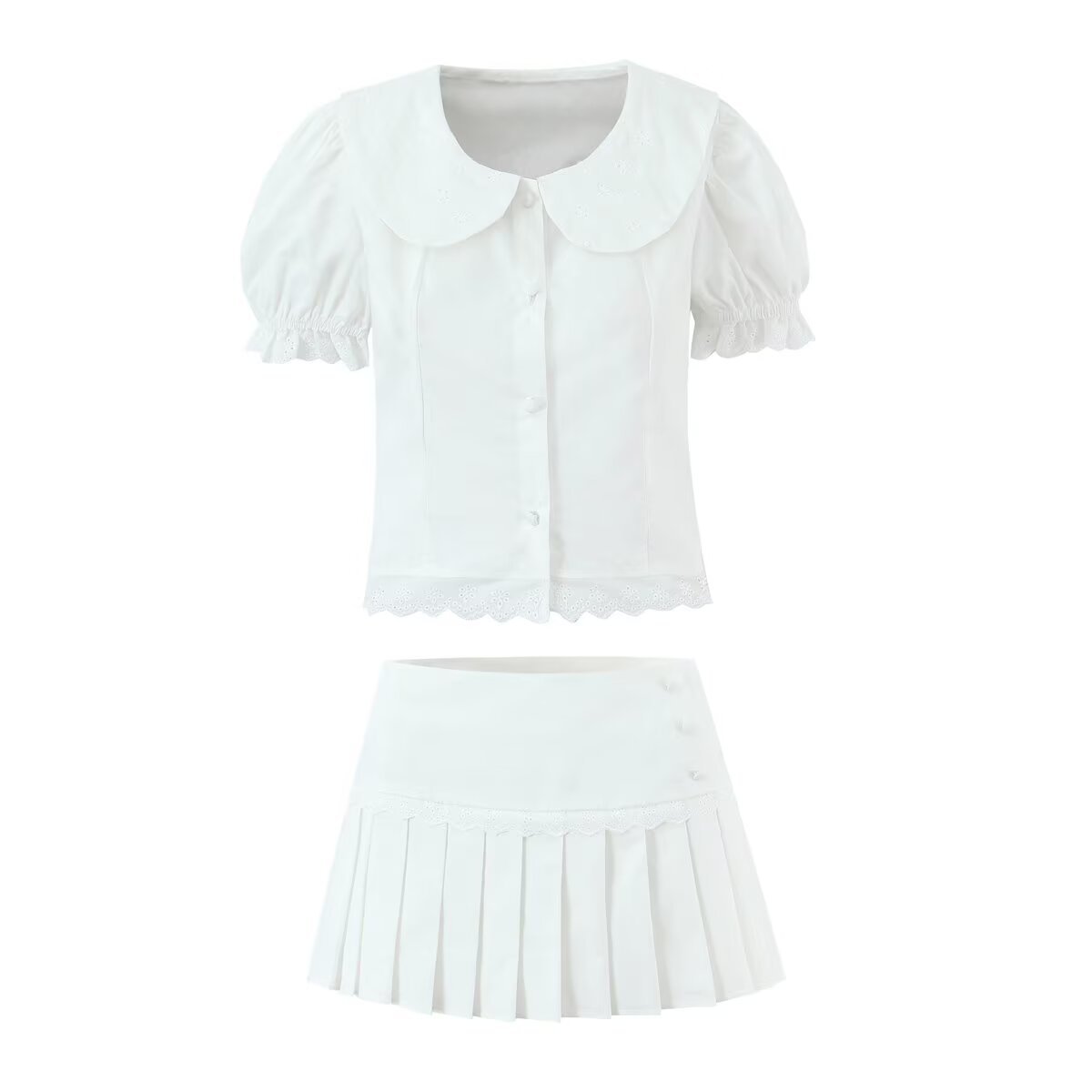 Baby collar short waist cinching top+lace patchwork pleated skirt - Image 5