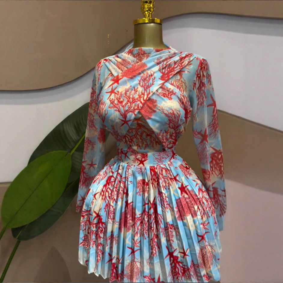 Sweet Mesh Sheer Long Sleeve Printed Pleated Mini Dress with Cross Front Design - Image 3