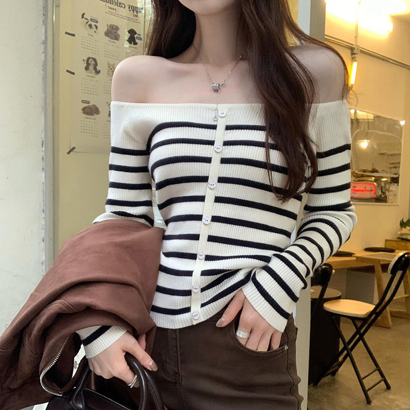 Sexy Striped Color-Blocked Off-Shoulder Long Sleeve Knit Top for Women - Image 4