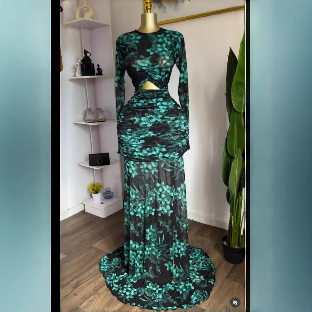 Printed Hollow Mesh Pleated Long Sleeve Fish Tail Dress