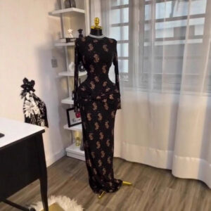 Elegant Black Printed Long Sleeve Dress for Women, Chiffon Style, Pleated Slim Fit, Casual Fashion Dress