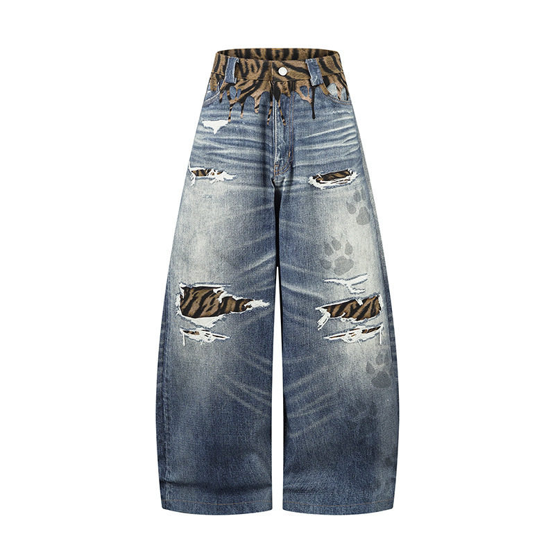 Unique Design Scratched Ripped Pleated Casual Loose Wide Leg Dagger Jeans - Image 5