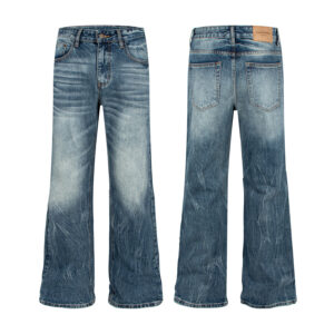 Washed Catwhisker Lightning Pattern Denim Pants