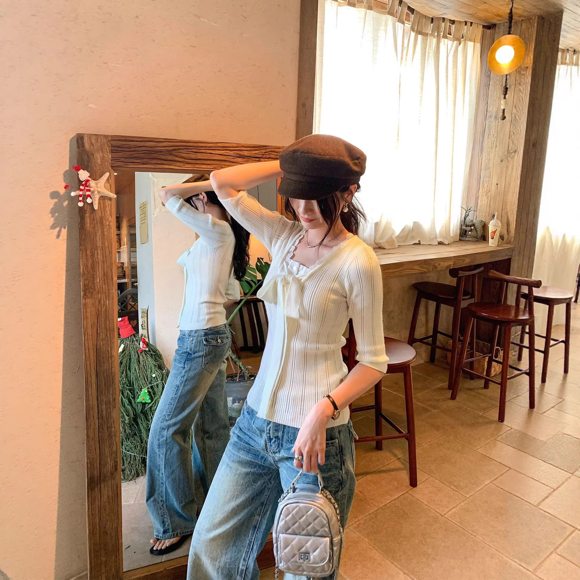 Lace Spliced Mock Two-Piece Knotted Knit Top for Women - Image 2