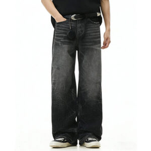 Style Lightning Pattern Vintage Washed Distressed Cat-Whisker Fleece Straight Leg Clean Fit Jeans
