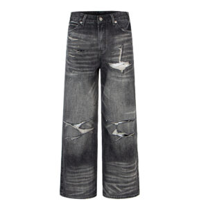 Distressed Ripped Washed Vintage Combat Denim Pants Loose Straight A-Line Casual Jeans