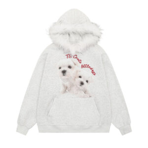 Cute Dog Print Fleece-Lined Hoodie Unisex Casual Loose Sweatshirt