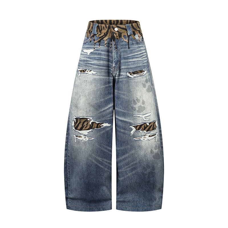 Unique Design Scratched Ripped Pleated Casual Loose Wide Leg Dagger Jeans