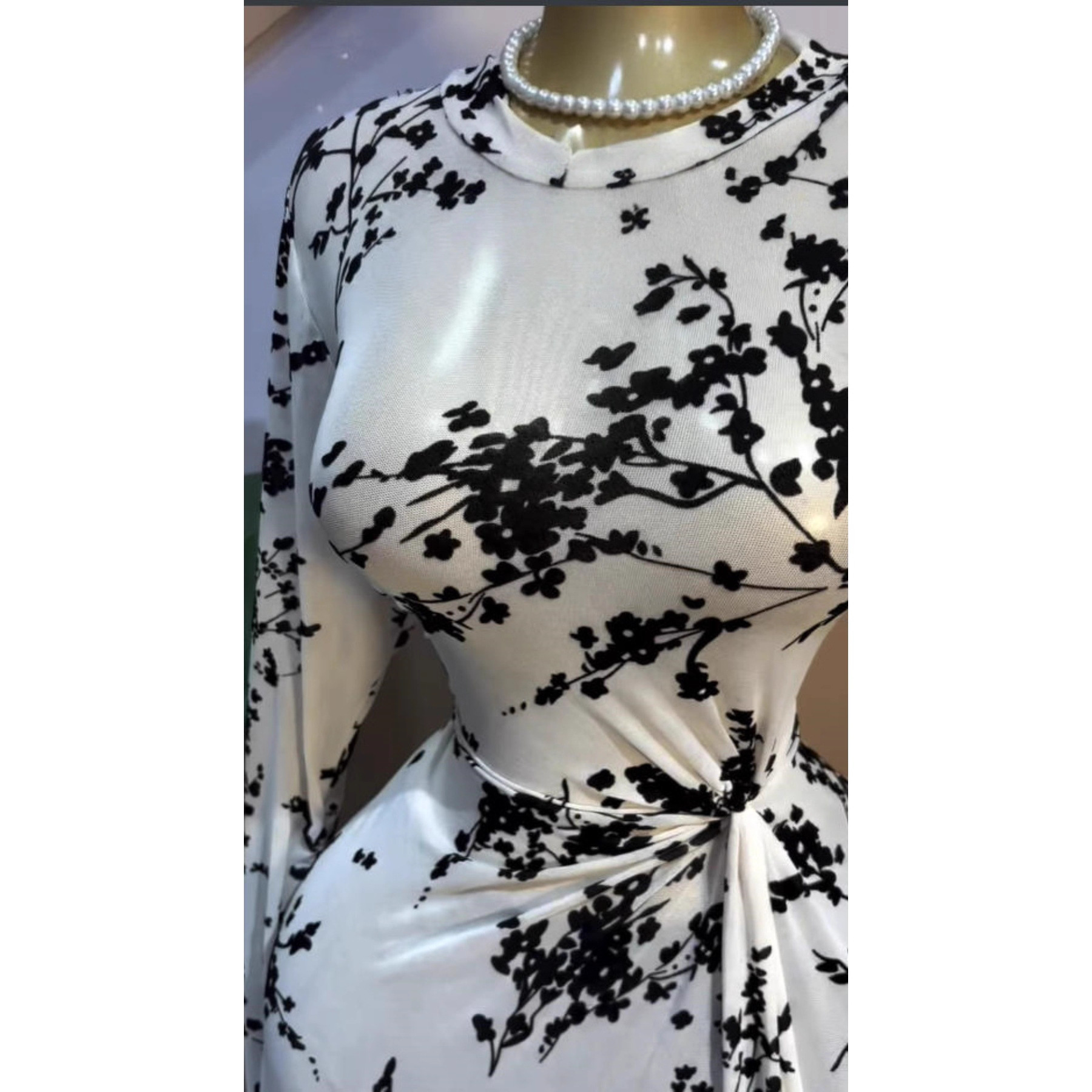 Printed Long Sleeve Sheer Mesh Pleated Maxi Dress for Women - Image 3