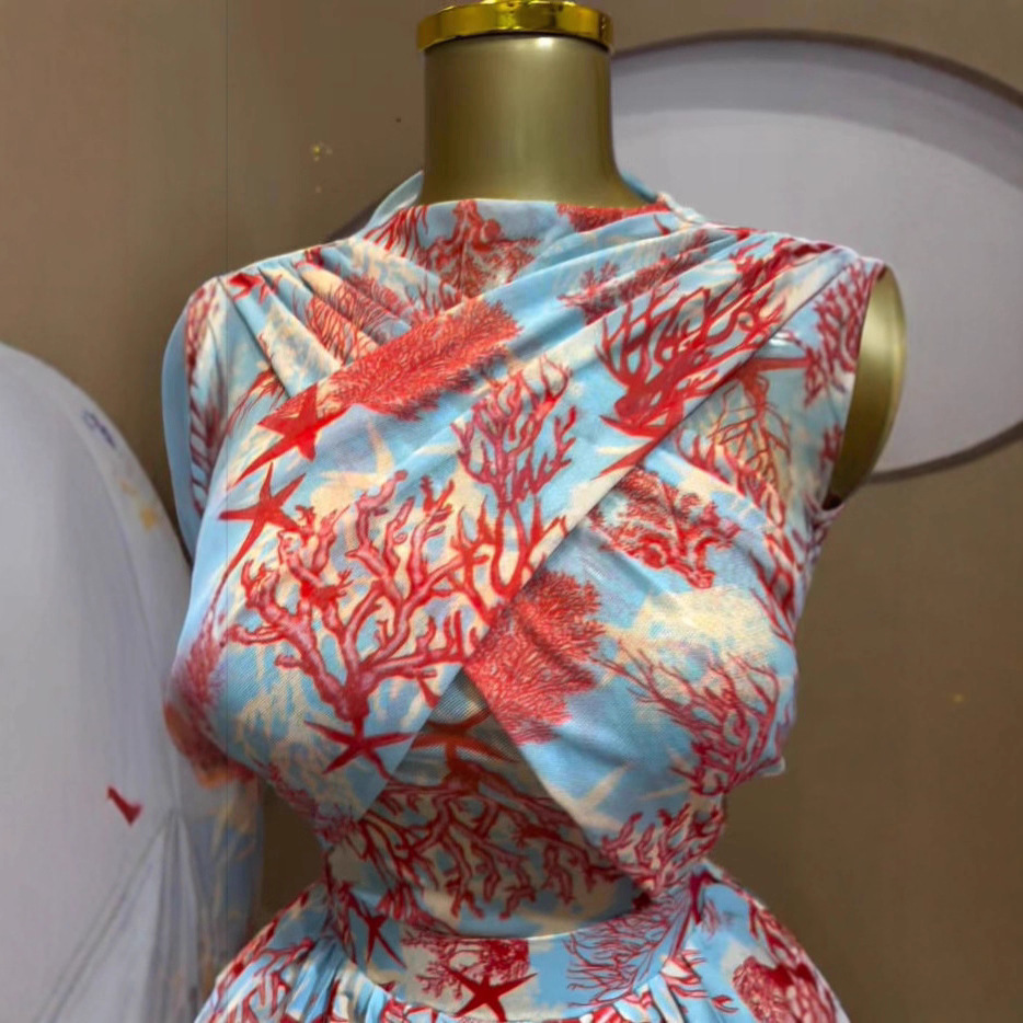 Sweet Mesh Sheer Long Sleeve Printed Pleated Mini Dress with Cross Front Design - Image 4