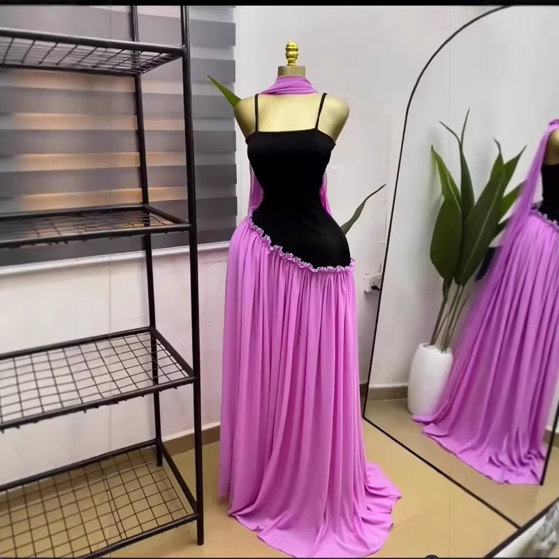 Elegant Spring Women's Strapless Ruffled Long Dress with Scarf, Formal Evening Gown Style - Image 3