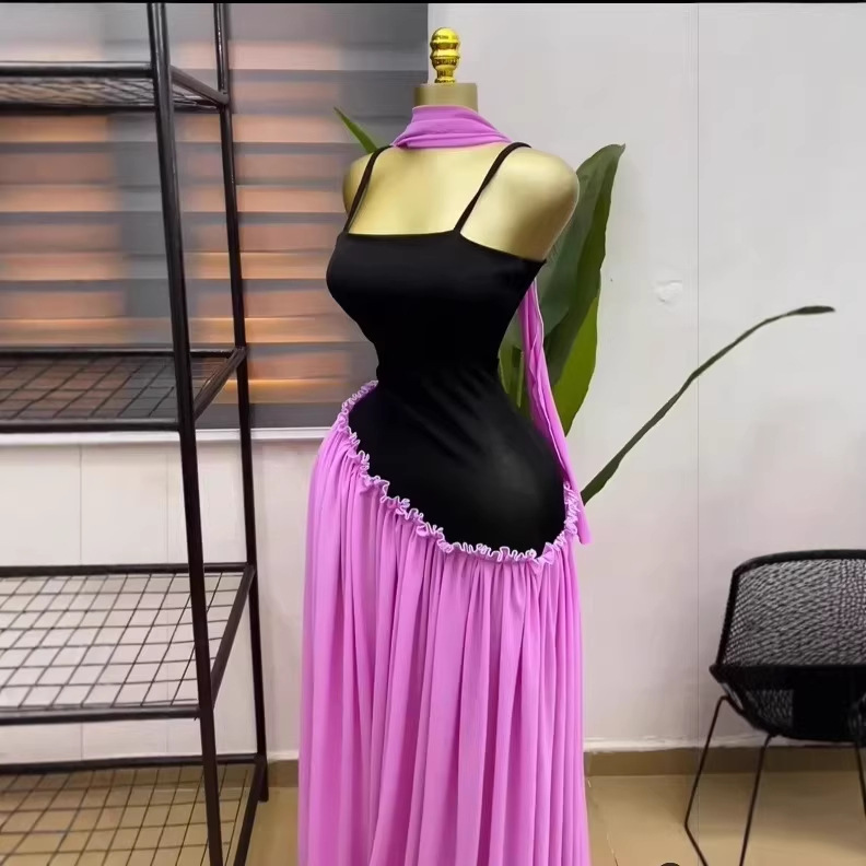 Elegant Spring Women's Strapless Ruffled Long Dress with Scarf, Formal Evening Gown Style - Image 4