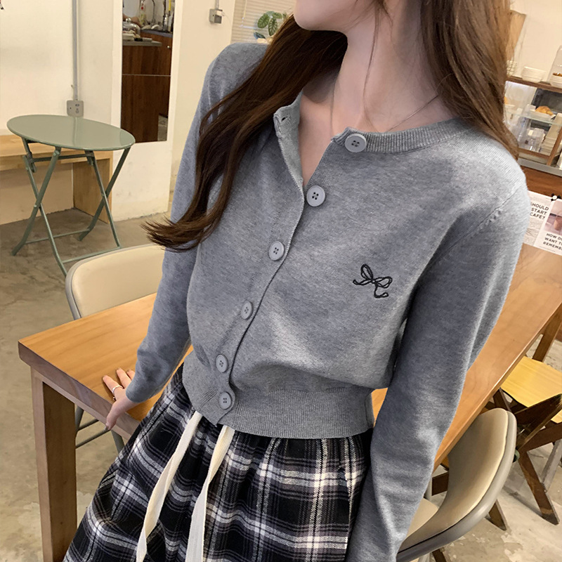 Embroidery Slim Knit Cardigan Women's Unique Design Versatile Fitted Short Top - Image 2