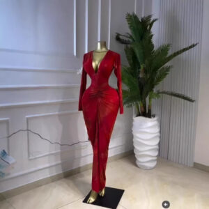 Long sleeved INS tie dye printed V-neck long sleeved pleated long skirt sexy high stretch dress