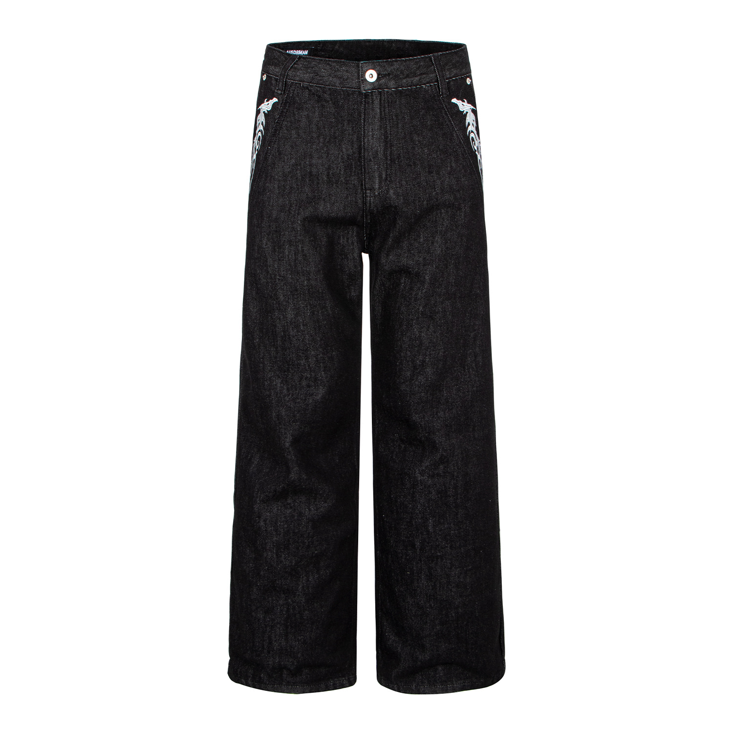 Washed Black Vintage Patchwork Jeans with Dragon Embroidery - Image 2