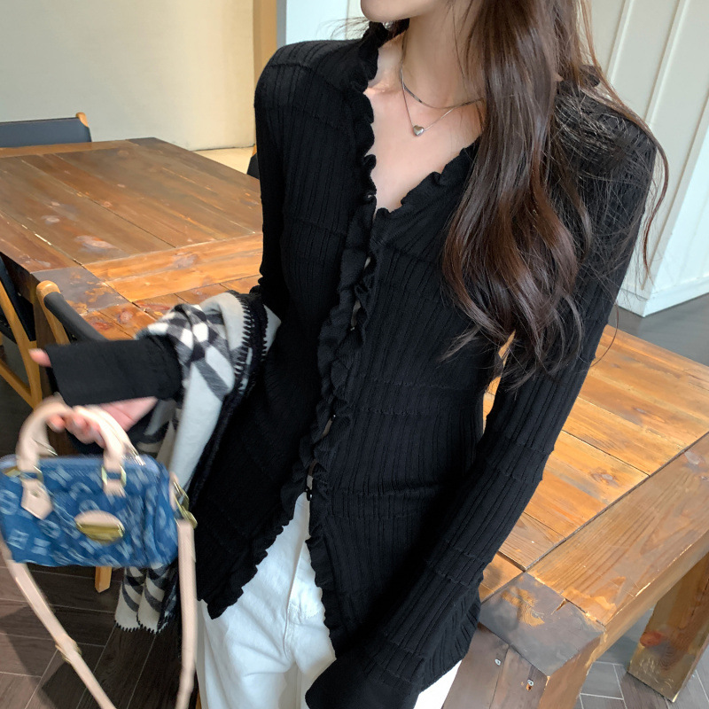 Ruffled V-Neck Long Sleeve Knit Cardigan for Women, Slim Fit, Elegant Top - Image 6