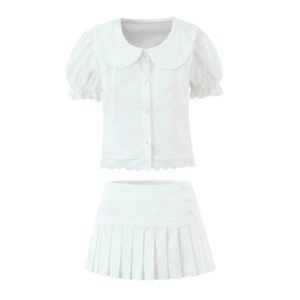 Baby collar short waist cinching top+lace patchwork pleated skirt
