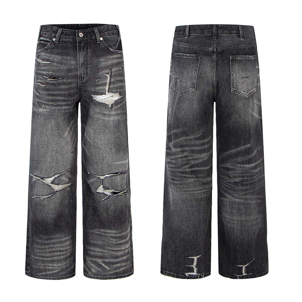 Distressed Ripped Washed Vintage Combat Denim Pants Loose Straight A-Line Casual Jeans - Image 4