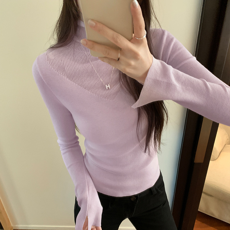 Solid Color Sheer Panel High Neck Knitwear Top for Women,Style Chic Mini Shirt - Image 3
