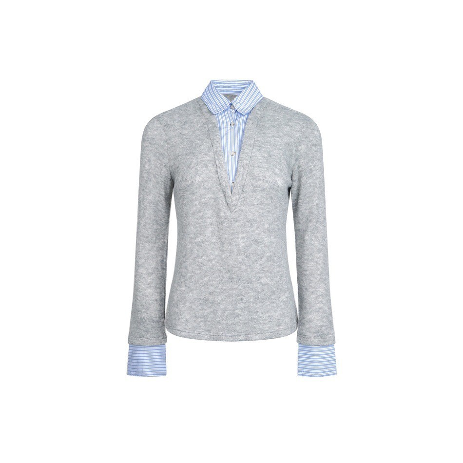 Patchwork Turn-down Collar Women's Slim Fit Long Sleeve Top Sweatshirt