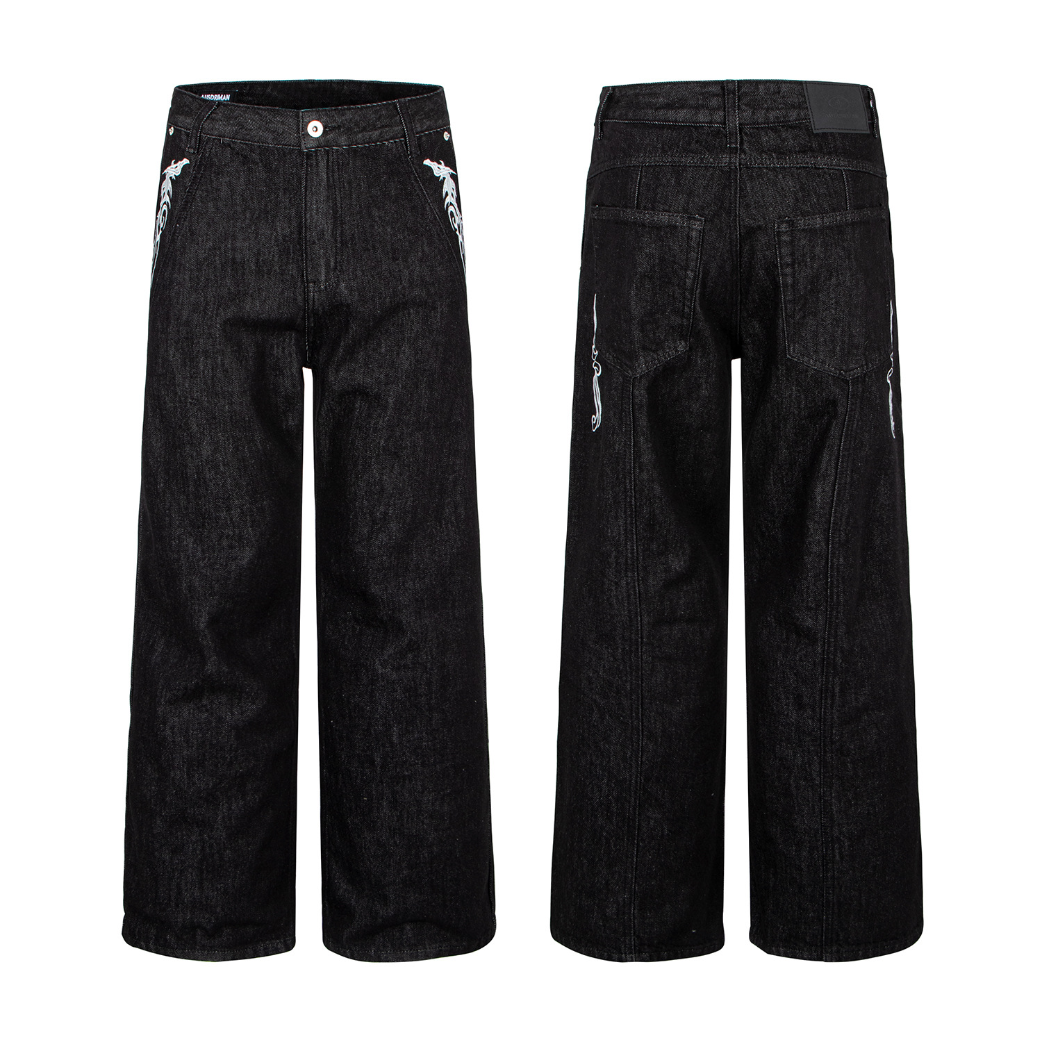 Washed Black Vintage Patchwork Jeans with Dragon Embroidery