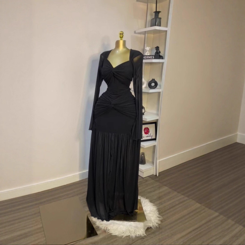 Style Sheer Solid Color Long Sleeve Sexy Fitted Strapless Maxi Dress - Image 3