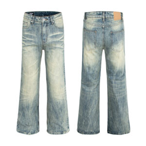 Washed Vintage Catwhisker Denim Pants with Lightning Pattern