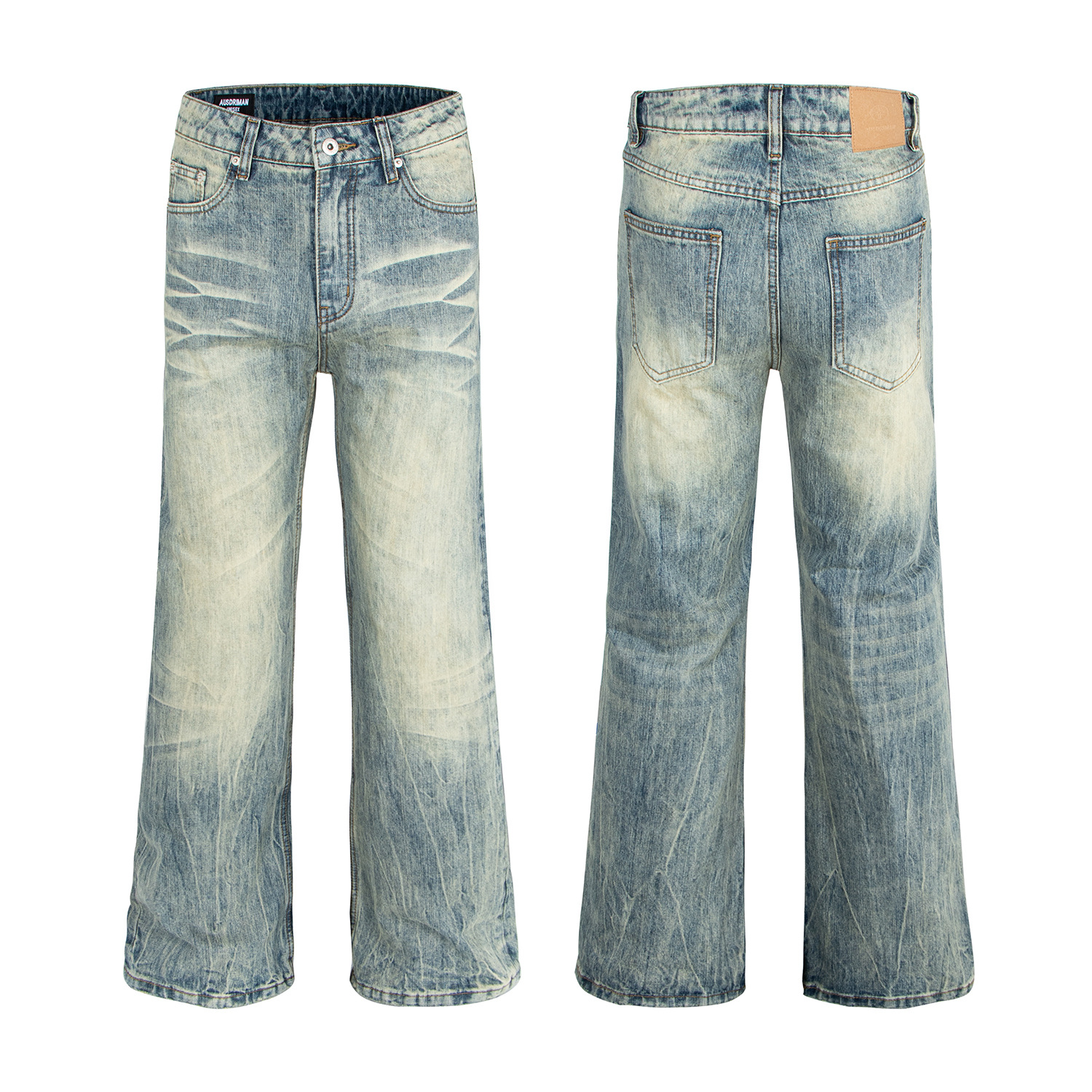 Washed Vintage Catwhisker Denim Pants with Lightning Pattern