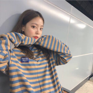 Chic Korean Style Stripe Long Sleeve T-Shirt Loose Crewneck Harajuku Student Basic Tee