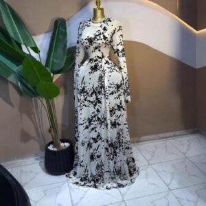 Printed Long Sleeve Sheer Mesh Pleated Maxi Dress for Women