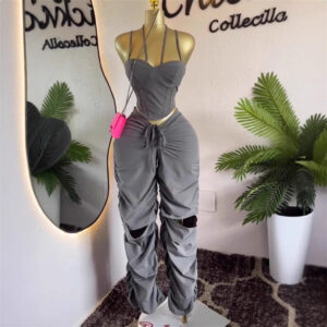 Retro Cargo Pants Women High Waist Straight Leg Pleated Pants Slimming Strapless Top Sleeveless 2-Piece Set