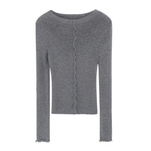 Gray Knit Sweater with Lace Trim, Women's Slim Fit Long Sleeve Top Elegant and Figure-Flattering Inner Layer