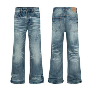Vintage Washed Denim Jeans with Catwhisker and Bamboo Texture Patchwork