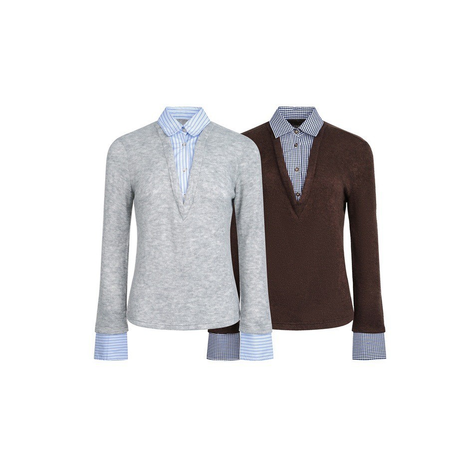 Patchwork Turn-down Collar Women's Slim Fit Long Sleeve Top Sweatshirt - Image 5