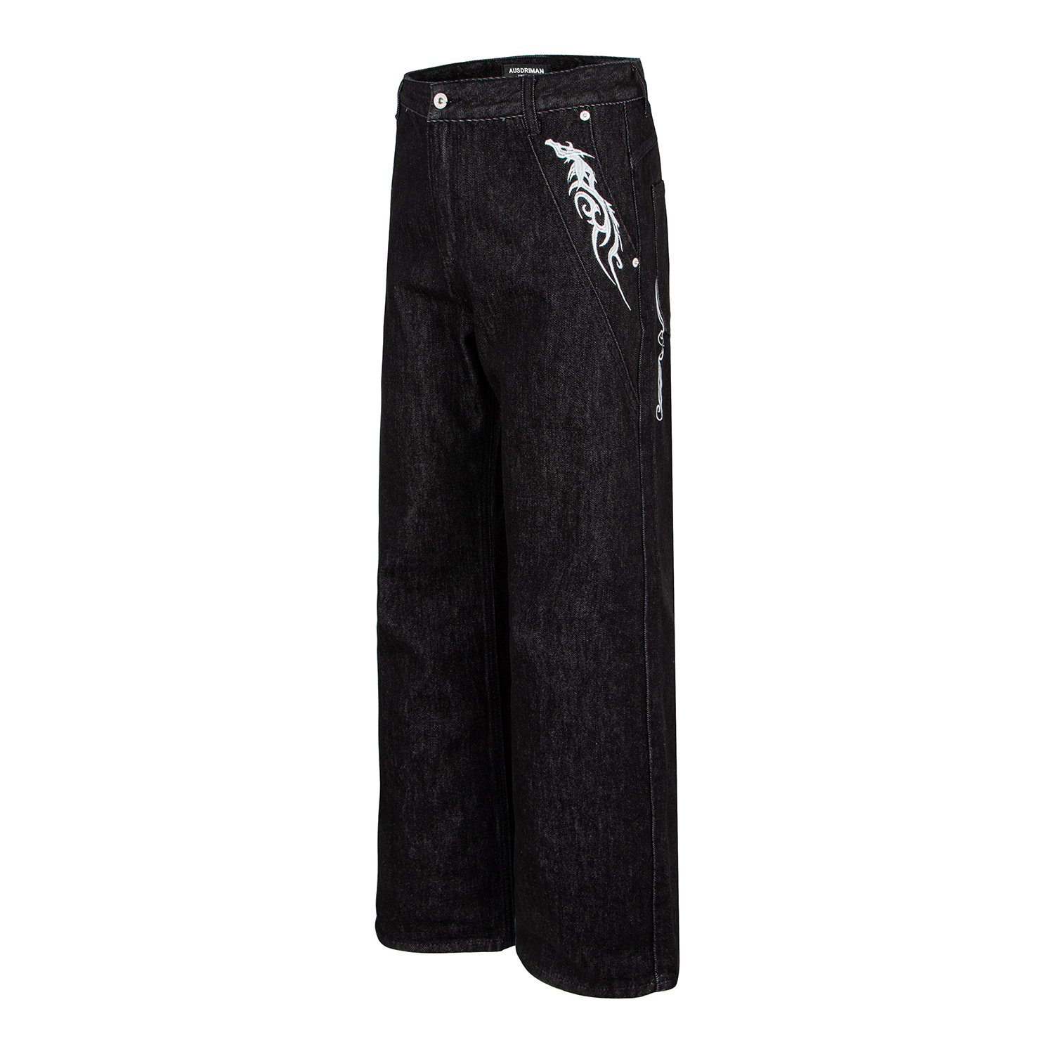 Washed Black Vintage Patchwork Jeans with Dragon Embroidery - Image 4