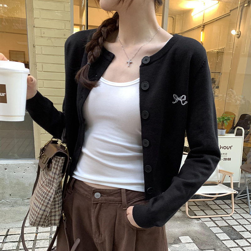 Embroidery Slim Knit Cardigan Women's Unique Design Versatile Fitted Short Top - Image 3