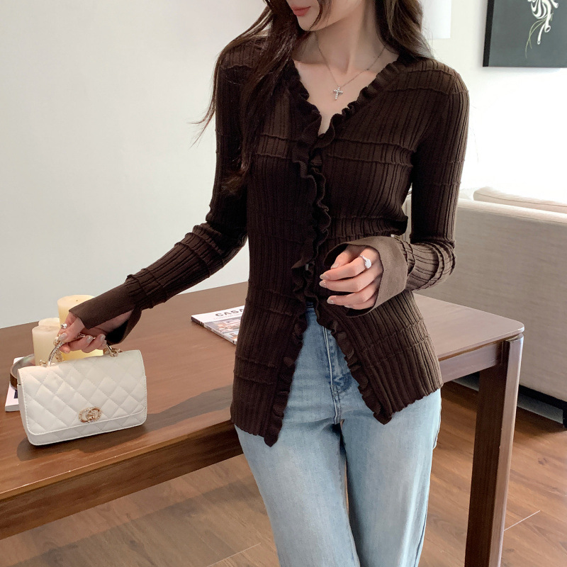 Ruffled V-Neck Long Sleeve Knit Cardigan for Women, Slim Fit, Elegant Top - Image 7