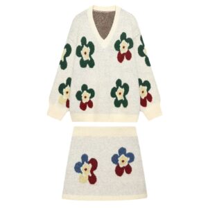 Gentle Wind Flower Jacquard Knitted Top Skirt Set