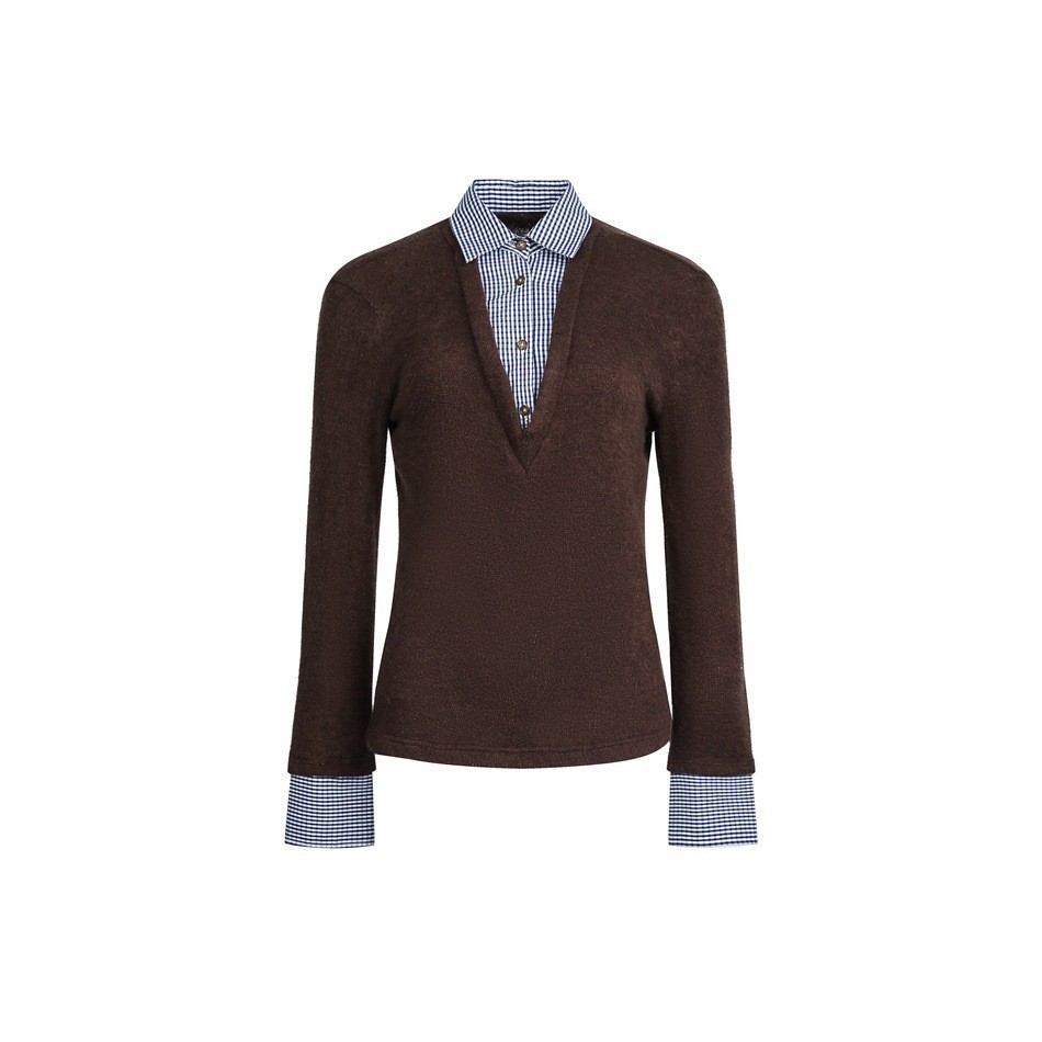 Patchwork Turn-down Collar Women's Slim Fit Long Sleeve Top Sweatshirt - Image 6