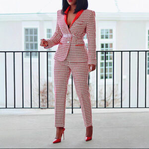 Chic Women's Plaid Office Suit Set Long Sleeve Blazer + Pants Two-Piece Set