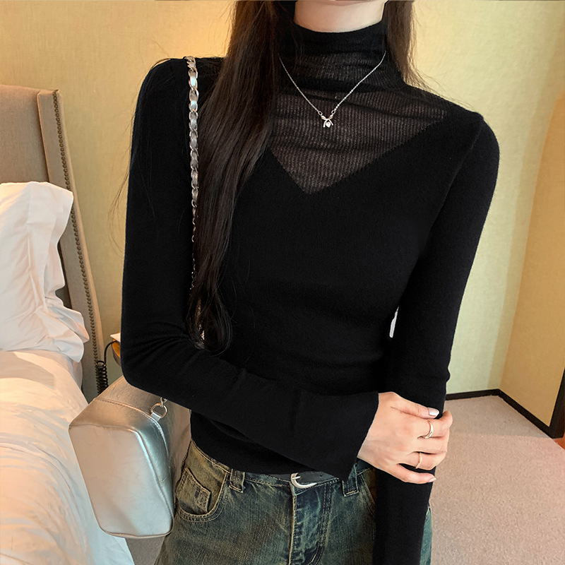 Solid Color Sheer Panel High Neck Knitwear Top for Women,Style Chic Mini Shirt - Image 2