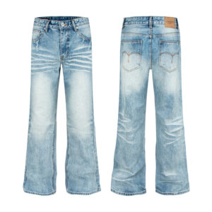 Washed Light Blue Heavyweight Selvedge Denim Pants with Embroidered Back Pockets