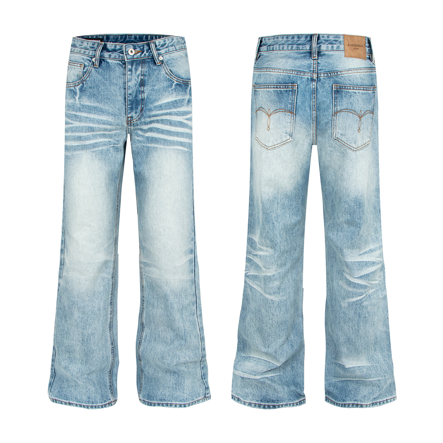 Washed Light Blue Heavyweight Selvedge Denim Pants with Embroidered Back Pockets