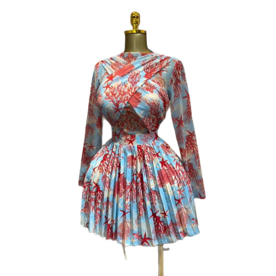 Sweet Mesh Sheer Long Sleeve Printed Pleated Mini Dress with Cross Front Design - Image 5