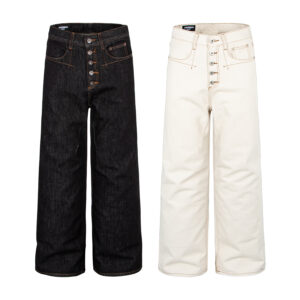 Retro Denim Pants with Gold Topstitching, Button Detail, Embroidered Back Pockets