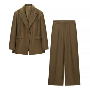 Commuting style one button suit jacket+high waisted wide leg pants