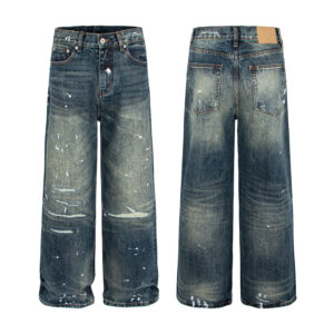 American Vintage Distressed Jeans with Catwhisker Hand-Sanded Rips, Unisex Straight Loose Casual Pants