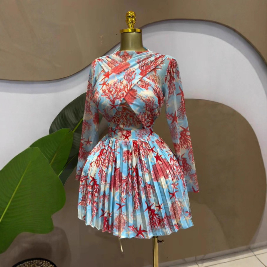 Sweet Mesh Sheer Long Sleeve Printed Pleated Mini Dress with Cross Front Design - Image 2