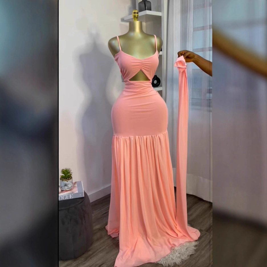 Style Strapless Spliced Sleeveless Dress with Scarf, Elegant Fitted Long Dress - Image 3